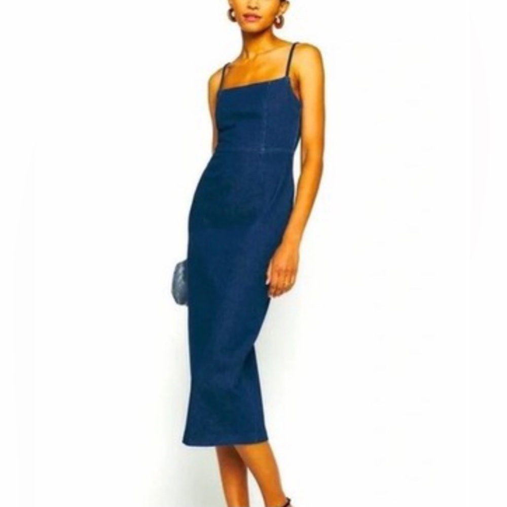 Jason Wu Denim Pencil Midi Dress Jean Form Fitting Colum Spaghetti Straps Blue S